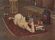 Bernard Hall Nude Reading at studio fire oil on canvas